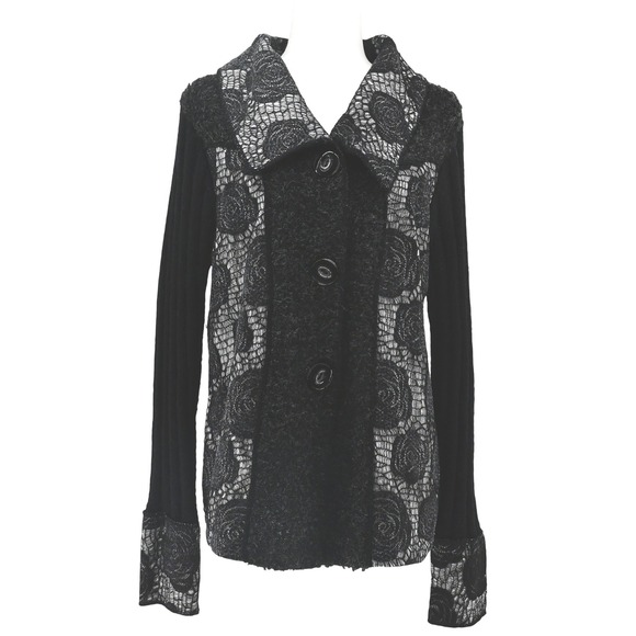 Sioni Sweaters - Y2K Whimsical Sioni Floral Lace Cardigan Jacket Black White Wool Mohair Blend